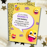 Invitation Emotion moderne brillante et amusante thème 10e an<br><div class="desc">Célébrez la journée spéciale de votre enfant avec cette invitation de 10e anniversaire, à thème émoji et ludique! Avec un joyeux arrière - plan jaune, des visages émoticônes ludiques et des accents violets audacieux, cette invitation est parfaite pour une ambiance de fête moderne et animée. Le design comprend des émoticônes...</div>
