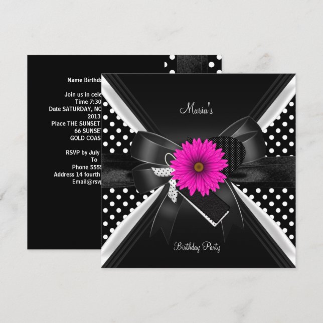 Invitation Emplacement de fête d'anniversaire pois noir blanc (Devant / Derrière)
