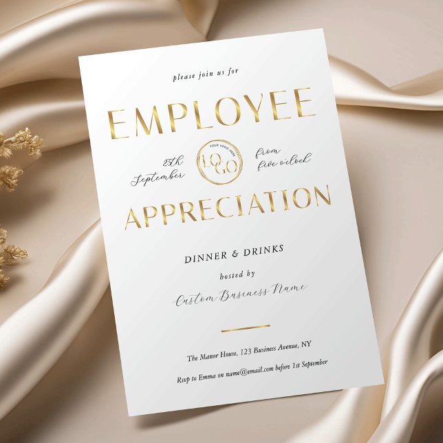 Invitation Employee Appreciation White & Gold Logo Business (Créateur téléchargé)
