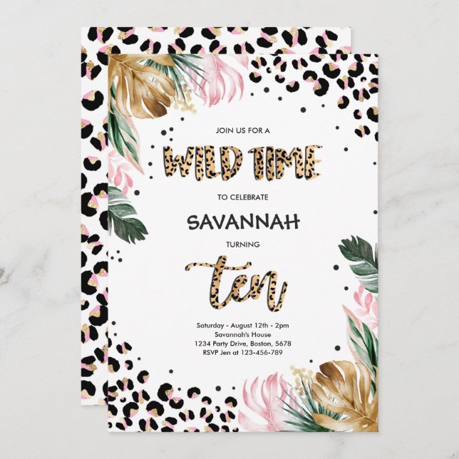 Invitation Empreinte de léopard 10e anniversaire Safari Jungl (Devant / Derrière)