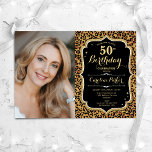 Invitation Empreinte de léopard Black Gold Photo 50e annivers<br><div class="desc">Elégante invitation féminine 50ème anniversaire avec votre photo. Design noir de verre avec parties scintillant d'or. Comprend empreinte de léopard animal, police de script et confetti. Parfait pour une fête anniversaire adulte élégante. Personnalisez avec vos propres détails. Peut être customisé pour n'importe quel âge ! Invitations Zazzle imprimées ou téléchargement...</div>