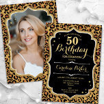 Invitation Empreinte de léopard Black Gold Photo 50e annivers<br><div class="desc">Elégante invitation féminine 50ème anniversaire avec votre photo au dos de la carte. Design noir de verre avec empreinte de léopard animal et faux or parties scintillant. Comprend une police de script et des confettis. Parfait pour une fête anniversaire adulte élégante. Personnalisez avec vos propres détails. Peut être customisé pour...</div>