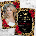 Invitation Empreinte de léopard Black Gold Photo 50e annivers<br><div class="desc">Elégante invitation féminine 50ème anniversaire avec votre photo au dos de la carte. Design noir de verre avec empreinte de léopard animal et faux or parties scintillant. Comprend des roses rouges, des caractères de script et des confettis. Parfait pour une fête anniversaire adulte élégante. Personnalisez avec vos propres détails. Peut...</div>