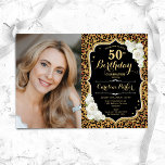 Invitation Empreinte de léopard Black Gold Photo 50e annivers<br><div class="desc">Elégante invitation au 50e anniversaire fleurie féminine avec votre photo. Design noir de verre avec parties scintillant d'or. Caractéristiques animal empreinte de léopard, roses blanches, police de script et confetti. Parfait pour une fête anniversaire adulte élégante. Personnalisez avec vos propres détails. Peut être customisé pour n'importe quel âge ! Invitations...</div>