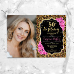 Invitation Empreinte de léopard Black Gold Pink Photo 50e ann<br><div class="desc">Elégante invitation au 50e anniversaire fleurie féminine avec votre photo. Design rose noir glam avec parties scintillant d'or faux. Caractéristiques animal empreinte de léopard, roses roses roses, police de script et confetti. Parfait pour une fête anniversaire adulte élégante. Personnalisez avec vos propres détails. Peut être customisé pour n'importe quel âge...</div>