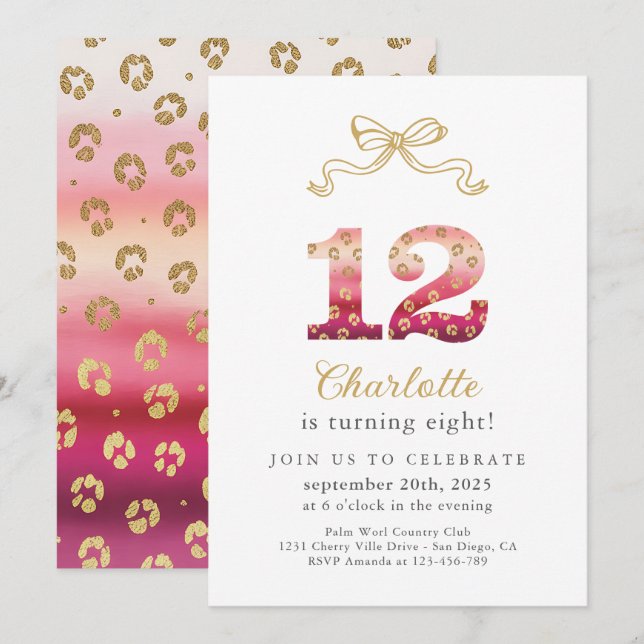 Invitation Empreinte de léopard de Cheetah rose et or 12e ann (Devant / Derrière)