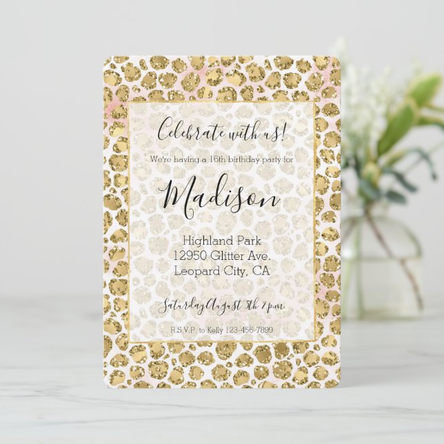 Invitation Empreinte de léopard Glitzy Glam Gold Blush Partie (Debout devant)