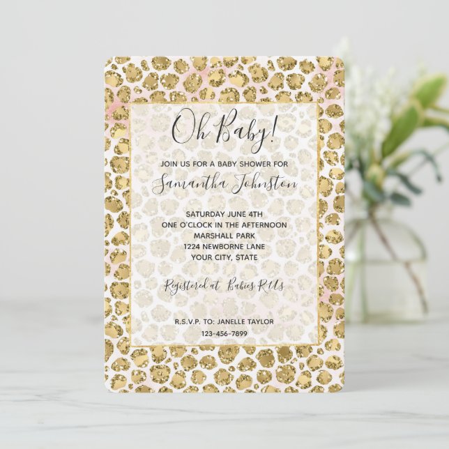 Invitation Empreinte de léopard Glitzy Glam Gold Blush Partie (Debout devant)