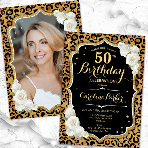 Invitation Empreinte de léopard Gold Black Photo 50th Birthda