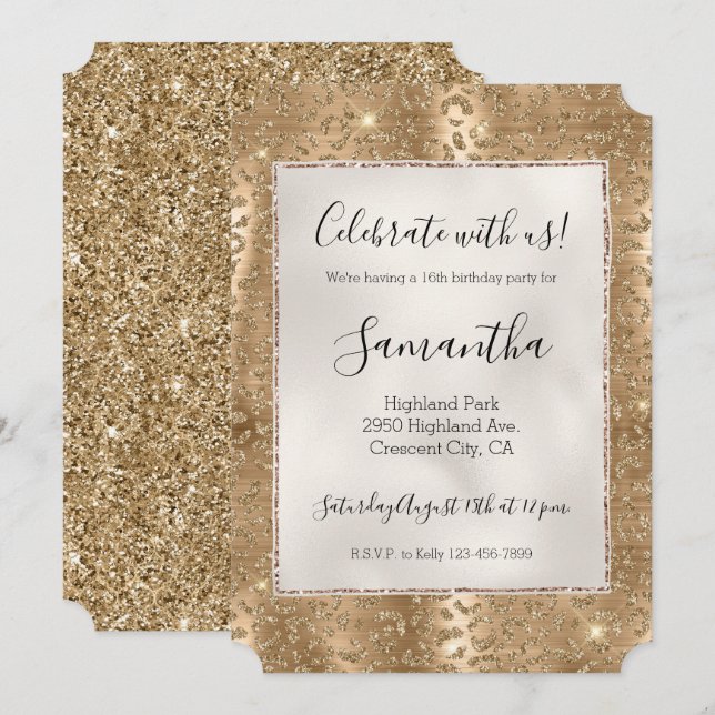 Invitation Empreinte de léopard Gold Glam Parties scintillant (Devant / Derrière)