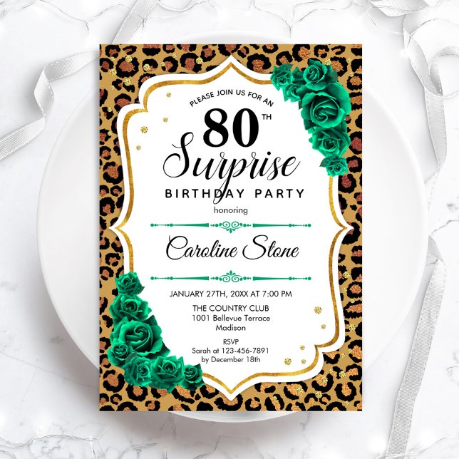 Invitation Empreinte de léopard Gold Green Surprise 80e anniv (Créateur téléchargé)