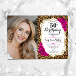 Invitation Empreinte de léopard Gold Pink Photo 50e anniversa<br><div class="desc">Elégante invitation au 50e anniversaire fleurie féminine avec votre photo. Design blanc de verre avec parties scintillant d'or. Caractéristiques animal empreinte de léopard, roses rose chaud, police de script et confetti. Parfait pour une fête anniversaire adulte élégante. Personnalisez avec vos propres détails. Peut être customisé pour n'importe quel âge !...</div>