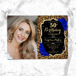 Invitation Empreinte de léopard Gold Royal Blue Photo 50e ann<br><div class="desc">Elégante invitation au 50e anniversaire fleurie féminine avec votre photo. Décor noir bleu royal noir avec faux or parties scintillant. Caractéristiques animal empreinte de léopard, saphir bleu roses, police de script et confetti. Parfait pour une fête anniversaire adulte élégante. Personnalisez avec vos propres détails. Peut être customisé pour n'importe quel...</div>