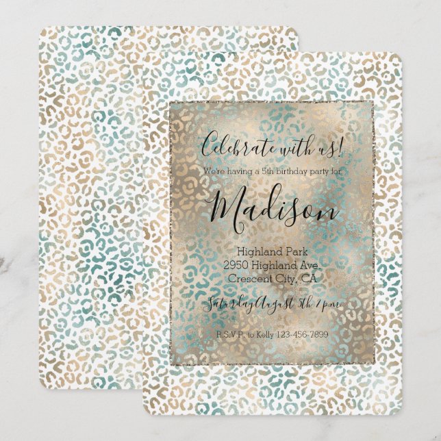 Invitation Empreinte de léopard Gold turquoise (Devant / Derrière)