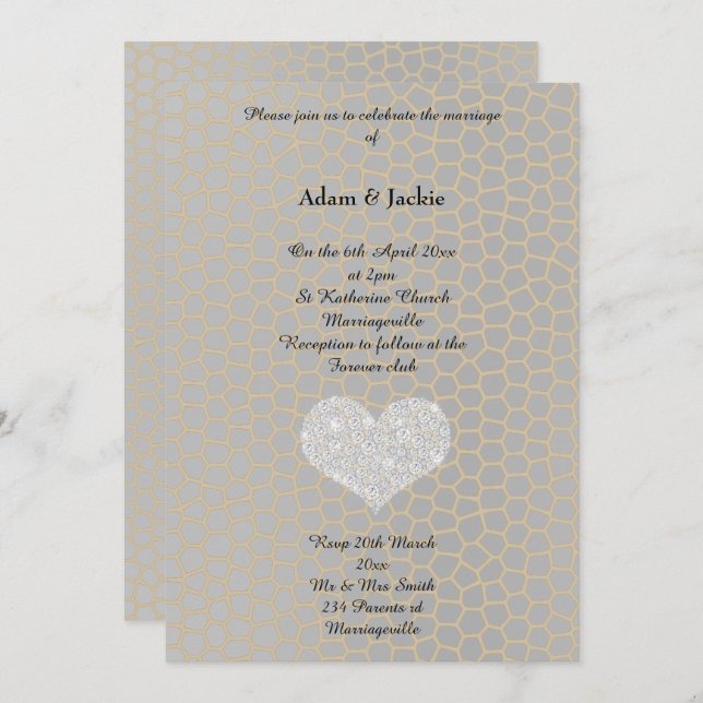 Invitation Empreinte de léopard Gris Or Diamond Coeur Mariage (Devant / Derrière)