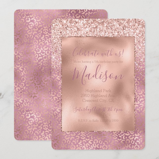 Invitation Empreinte de léopard Parties scintillant rose bril (Devant / Derrière)