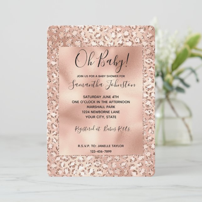 Invitation Empreinte de léopard Peach Rose Gold Blush Pink Gl (Debout devant)