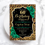 Invitation Empreinte de léopard Rose vert 60e anniversaire<br><div class="desc">Invitation de fête du 60e anniversaire. Design vert émeraude floral élégant avec de l'or parties scintillant et des roses. Caractéristiques du poster de animal de guépard léopard et police de script. Idéal pour une célébration anniversaire féminine élégante. Peut être customisé pour n'importe quel âge ! Invitations Zazzle imprimées ou téléchargement...</div>