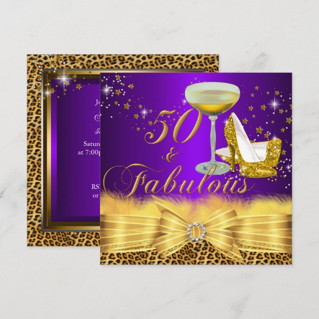 Invitation Empreinte de léopard & talons Purple 50 & Fabuleux (Devant / Derrière)