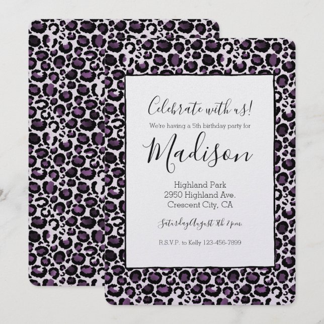 Invitation Empreinte de léopard violet noir (Devant / Derrière)