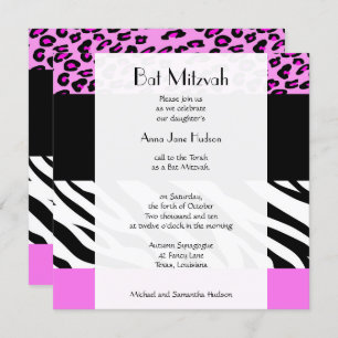 Invitation Empreinte de léopard, Zebra Print, Rose, Bat mitzv