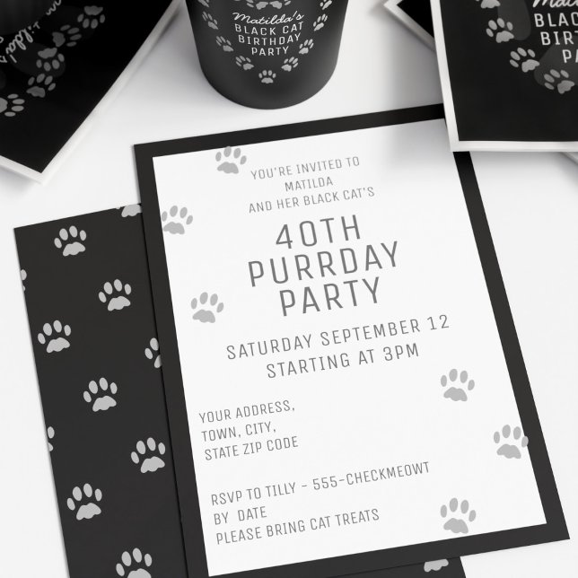 Invitation Empreinte de patte de chat noir 40e anniversaire d (Happy Purrday to you! If you're hosting a cat themed 40th (and you really should) here's the invite!)