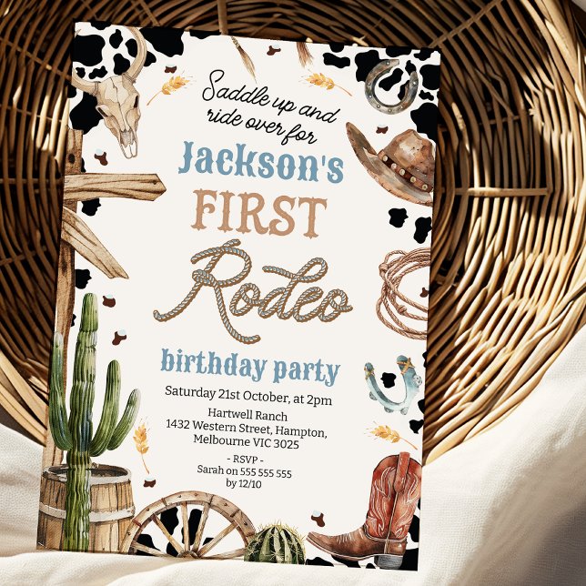 Invitation Empreinte de vache rustique Western Premier Rodéo  (Editable Boys 1st Rodeo Birthday Party Cowboy Birthday Party Invitation Wild West Cowboy )