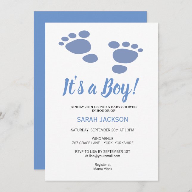 Invitation Empreinte mignonne Moderne Bleu C’est un Baby show (Devant / Derrière)