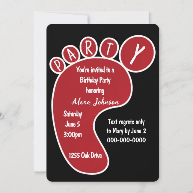 Invitation Empreinte Rouge De Fête D'Anniversaire Sur Noir (Devant)