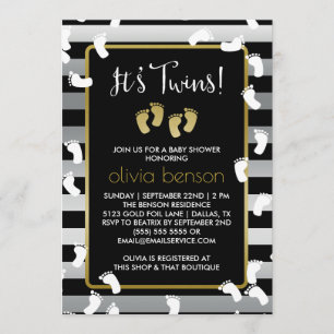 Invitation Empreintes blanches Baby shower des jumeaux argent