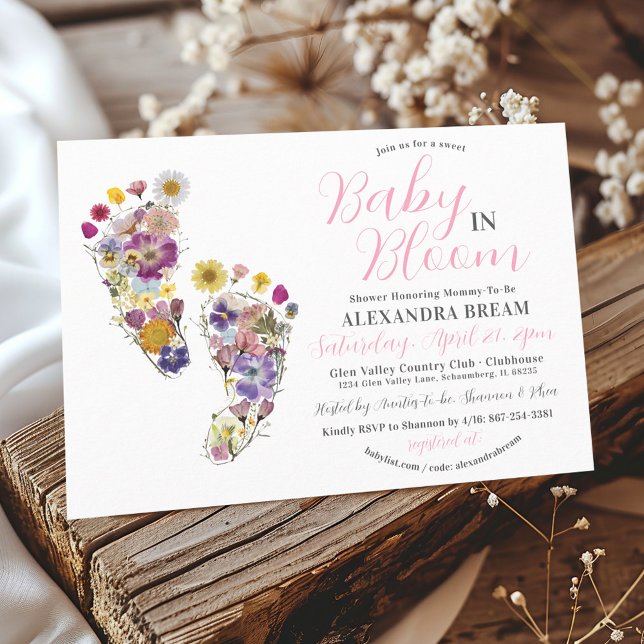 Invitation Empreintes florales Pink Baby Girl Shower Invitati (Baby In Bloom Cute Floral Footprints Pink Baby Girl Baby Shower Invitation, pressed flowers)