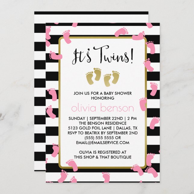 Invitation Empreintes roses Baby shower Black & Gold Twins (Devant / Derrière)