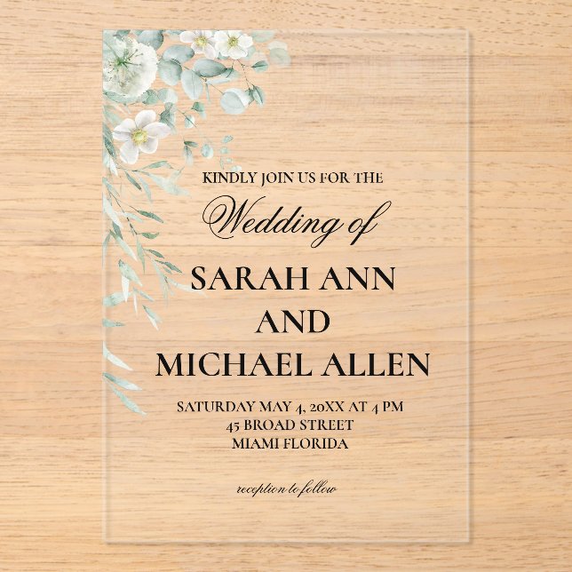 Invitation en acrylique avec verdure d'eucalyptus (Recto)