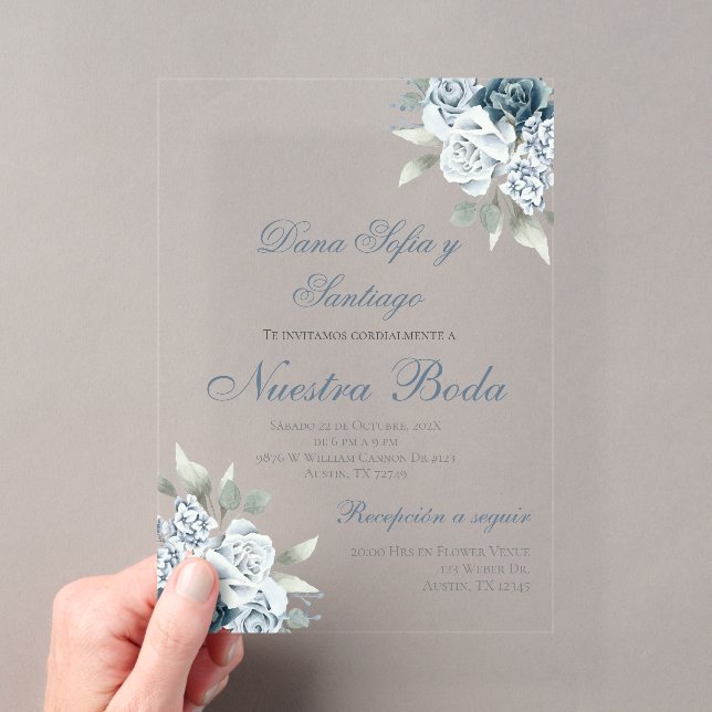 Invitation en acrylique mariage espagnol bleu pous (In situ (ordinateur de poche))