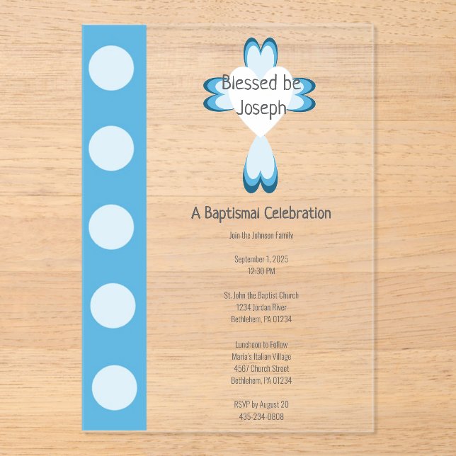 Invitation en acrylique pour baptême bleu pour gar (Recto)