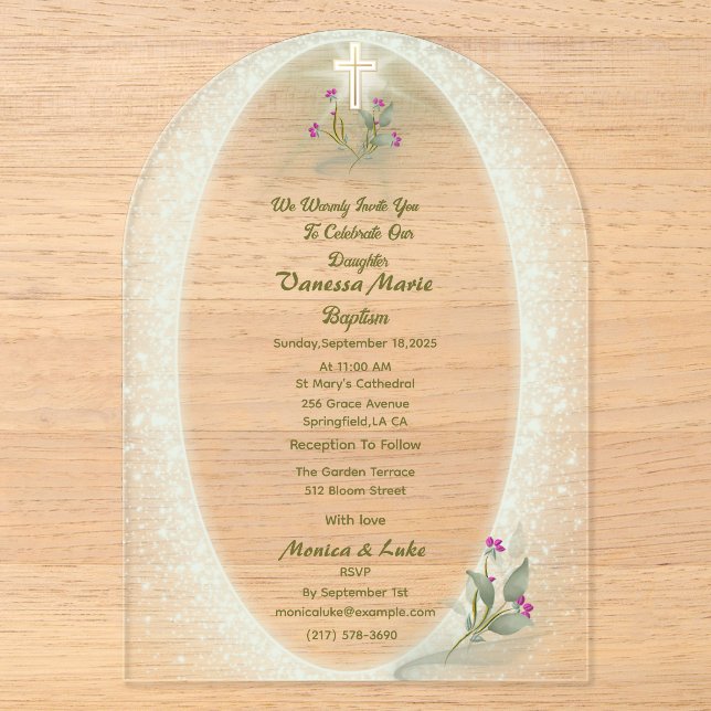 Invitation en acrylique pour baptême floral Vert&B (Recto)