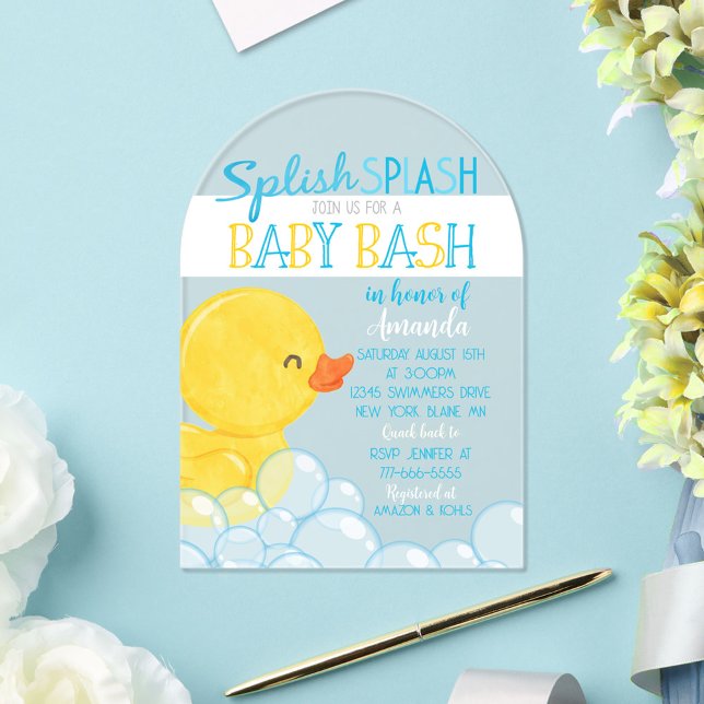 Invitation en acrylique unique pour Baby Shower Ca (Watercolor Rubber Duck Baby Shower Unique Frosted Acrylic Invitation - Boy Baby Shower)
