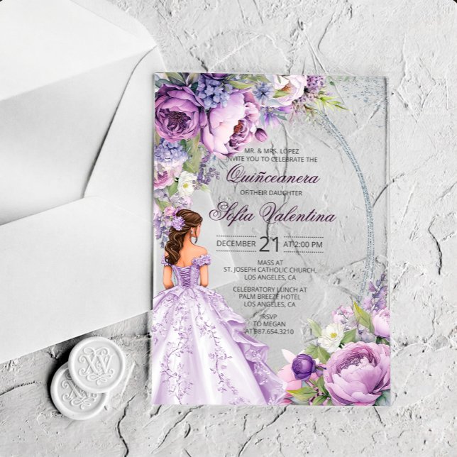 Invitation en acrylique violet argent pour Quincea (Soft Purple Silver Quinceanera Invitation)