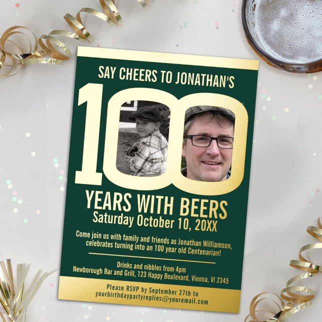 Invitation En Aluminium 100th Birthday party cheer beers green gold photos (Créateur téléchargé)