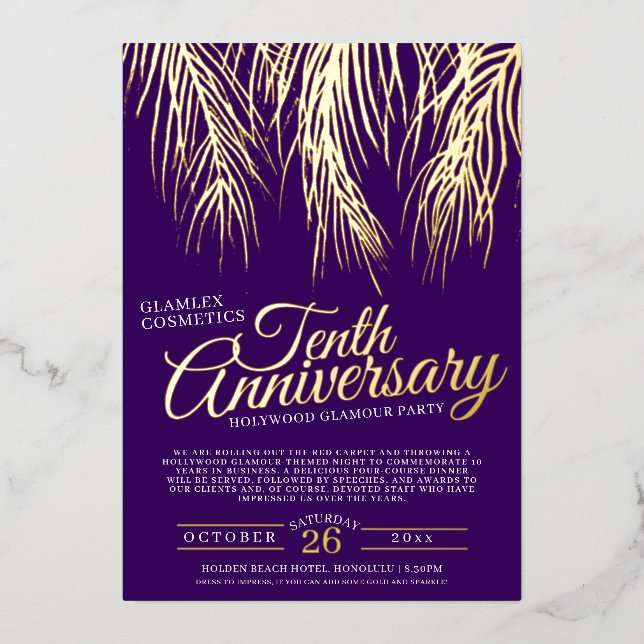 Invitation En Aluminium 10e anniversaire glamor party or violet palmiers (Recto)