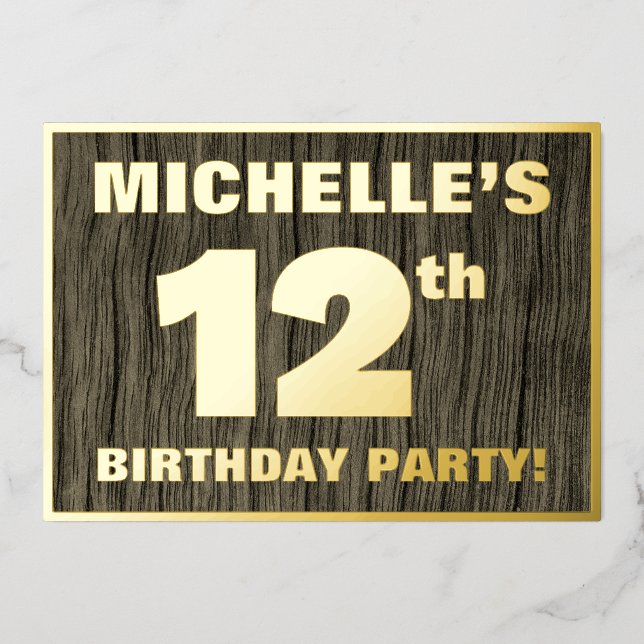 Invitation En Aluminium 12th Birthday Party: Bold, Faux Wood Grain Pattern (Recto)