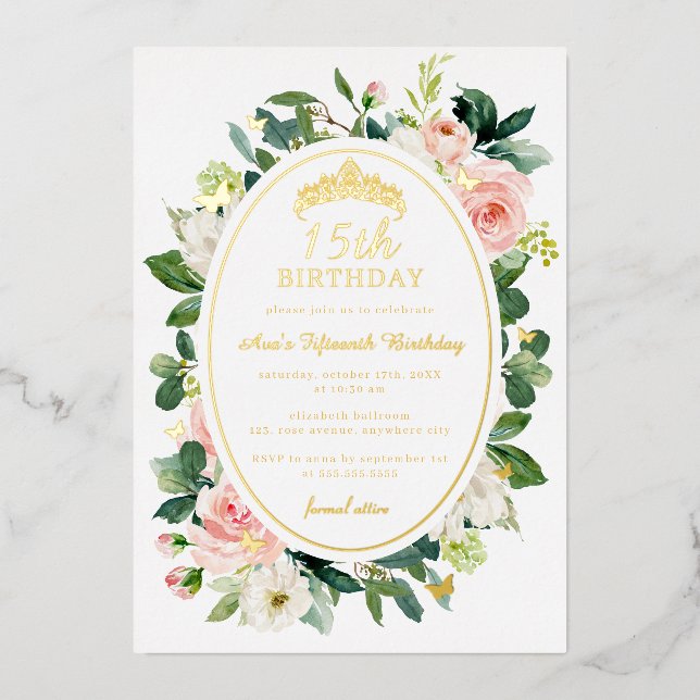 Invitation En Aluminium 15e anniversaire Gold Pink Butterfly Floral (Recto)