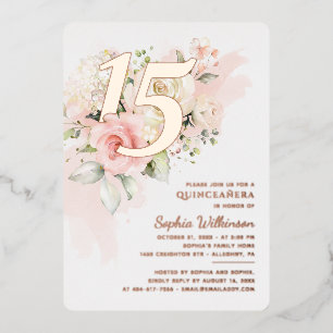 Invitation En Aluminium 15e anniversaire Quinceanera or floral