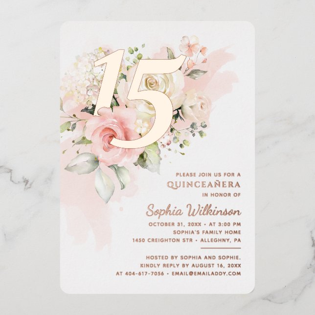 Invitation En Aluminium 15e anniversaire Quinceanera or floral (Recto)