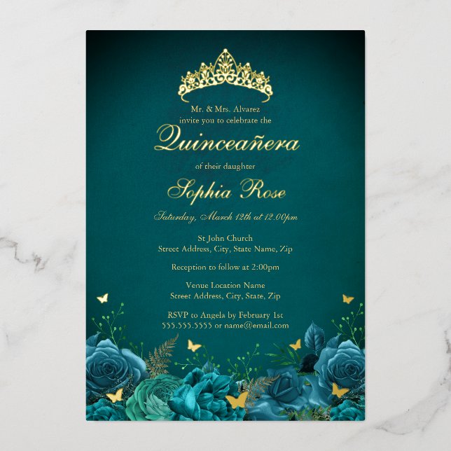 Invitation En Aluminium 15e anniversaire Turquoise papillon floral Quincea (Recto)