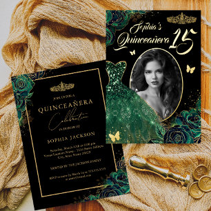Invitation En Aluminium 15ème Emerald Green Gold Photo Quinceanera Foil In