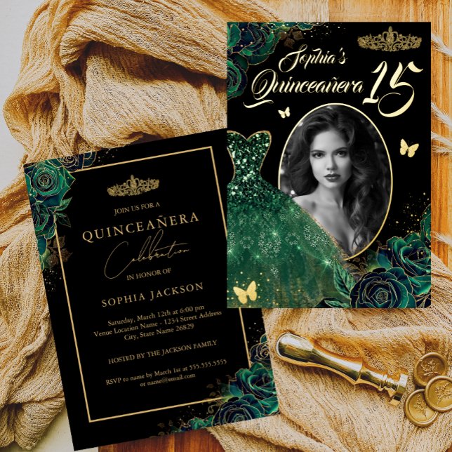 Invitation En Aluminium 15ème Emerald Green Gold Photo Quinceanera Foil In (Créateur téléchargé)