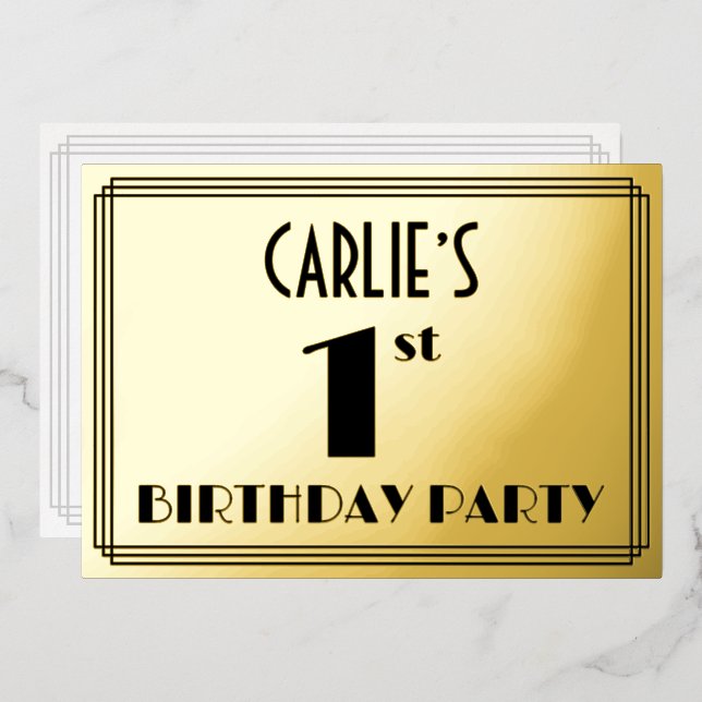 Invitation En Aluminium 1ère fête d'anniversaire — Art Déco Look "1" + Nom (Recto/Verso)