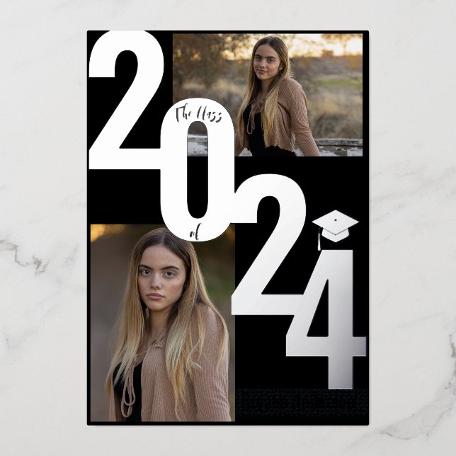 Invitation En Aluminium 2024 Real Foil Silver Metallic Graduation Photo (Recto)