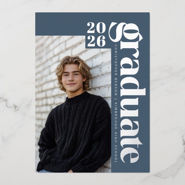 Invitation En Aluminium 2026 Modern Blue 4 Photo Graduation Silver (Recto)